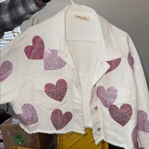 Peach Love California White Jean Jacket with Pink Hearts